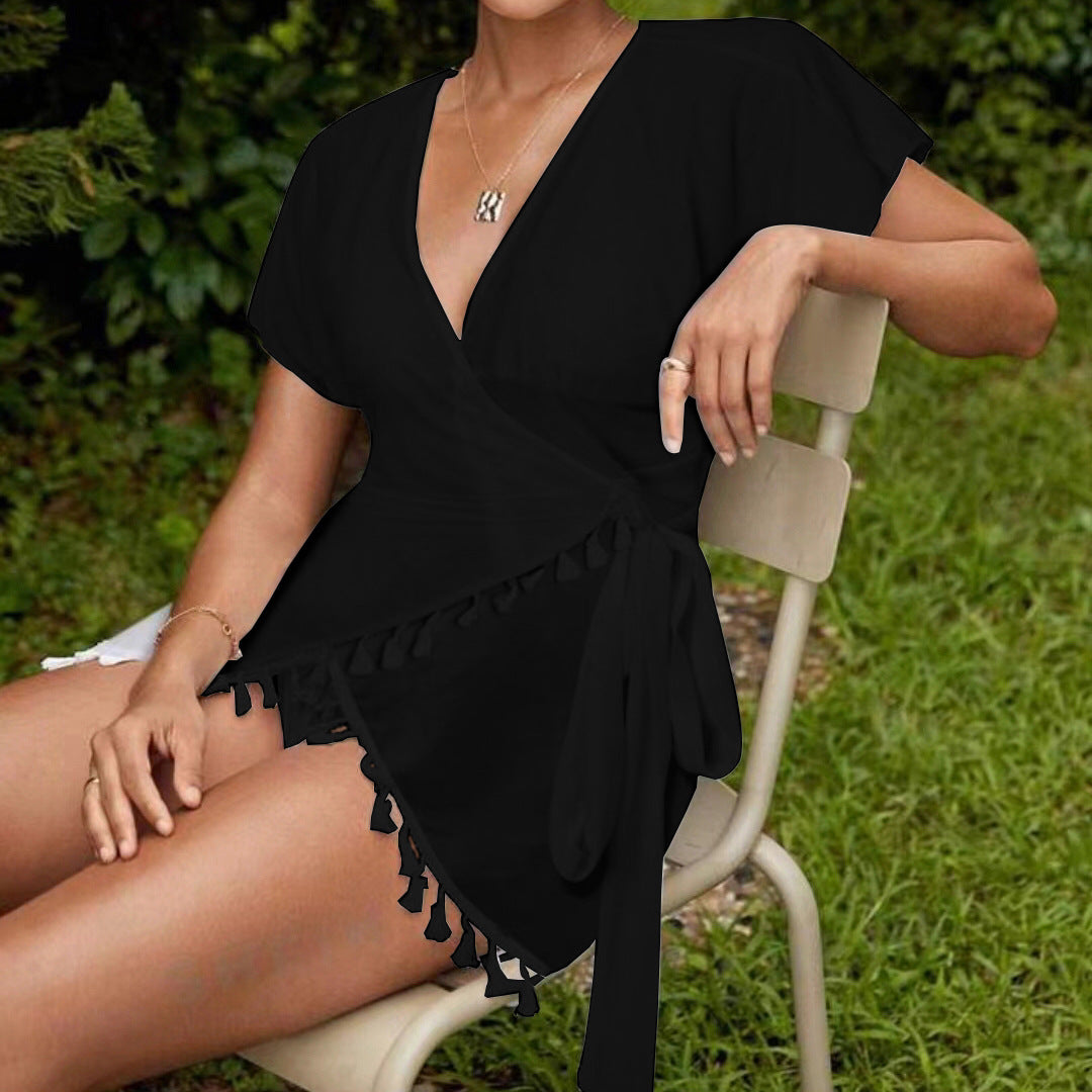 Beach Sun Protection Clothing Three Piece Sets Tassel Chiffon Shawl Swimsuit Swimwear Women