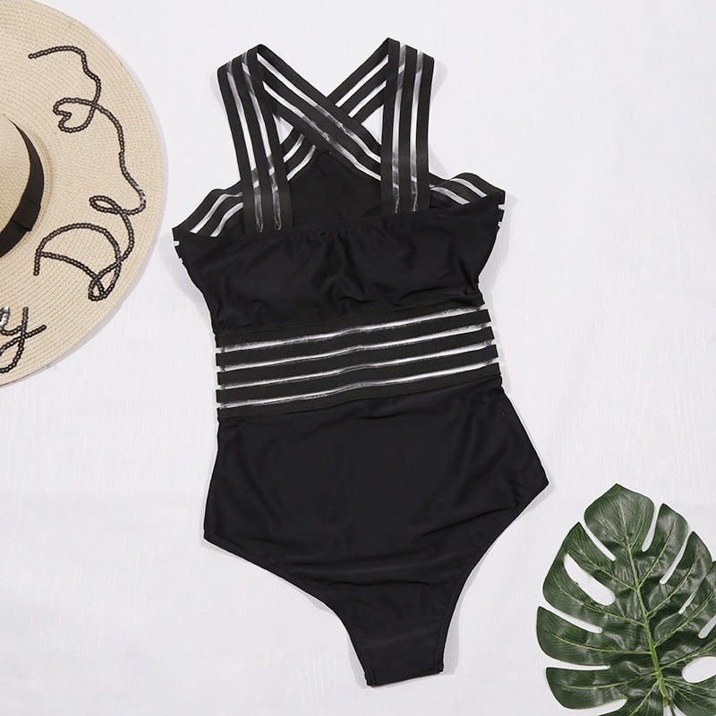 Black Sexy Seaside Beach Swimsuit Halter Striped Tight One-Piece Bikini Swimsuit for Women