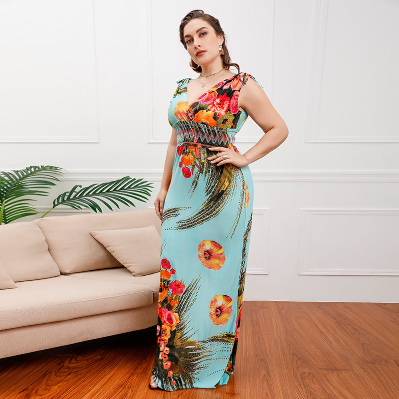 Plus Size Bohemian Ice Silk Printed Midi Dress Seaside Holiday Beach Dress V neck Dress