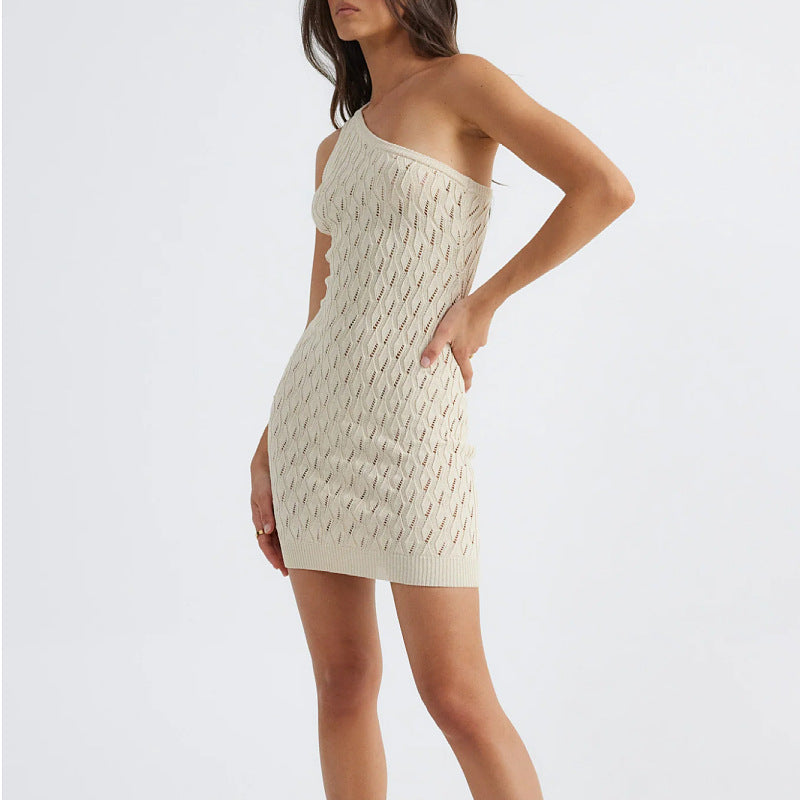 Sexy Hip Summer Women Hollow Out Cutout Shoulder Knitted Dress Women