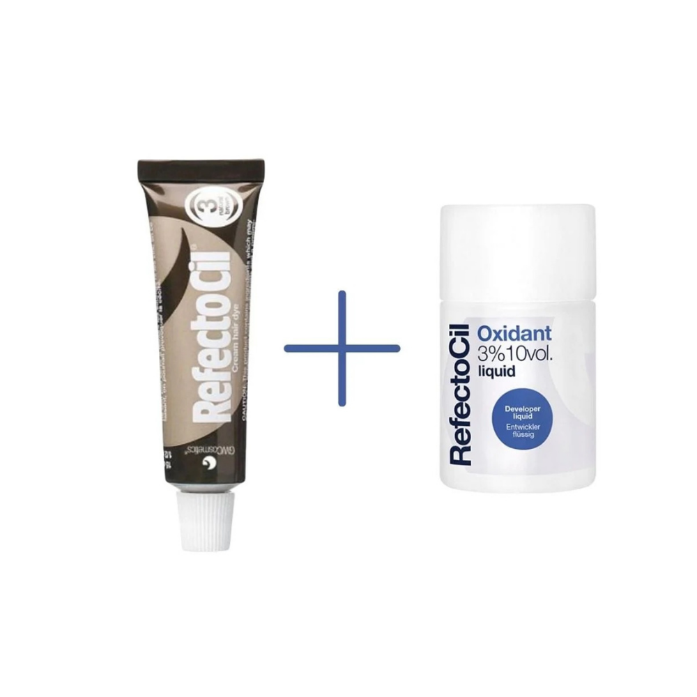 RefectoCil Eyebrow and Eyelash Dye No:3 Natural Brown 15 ml + RefectoCil 3% 10 vol. Liquid Oxidant 100 ml