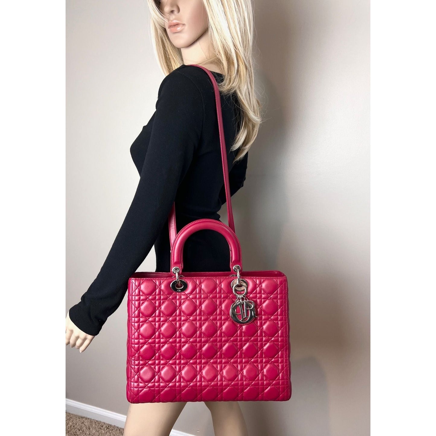 Christian Dior Lambskin Cannage Large Red Lady Dior Shoulder Bag