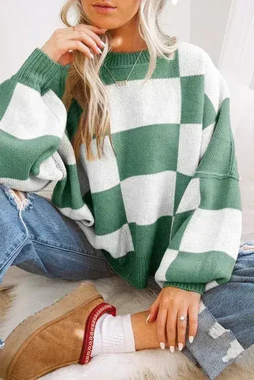 Orange Checkered Bishop Sleeve Sweater - Femstylo