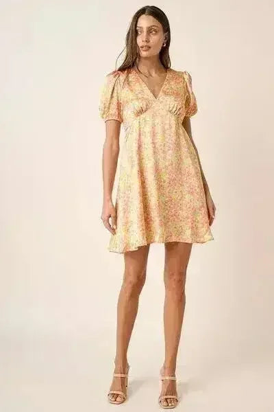 Mittoshop Printed V-Neck Puff Sleeve Mini Dress