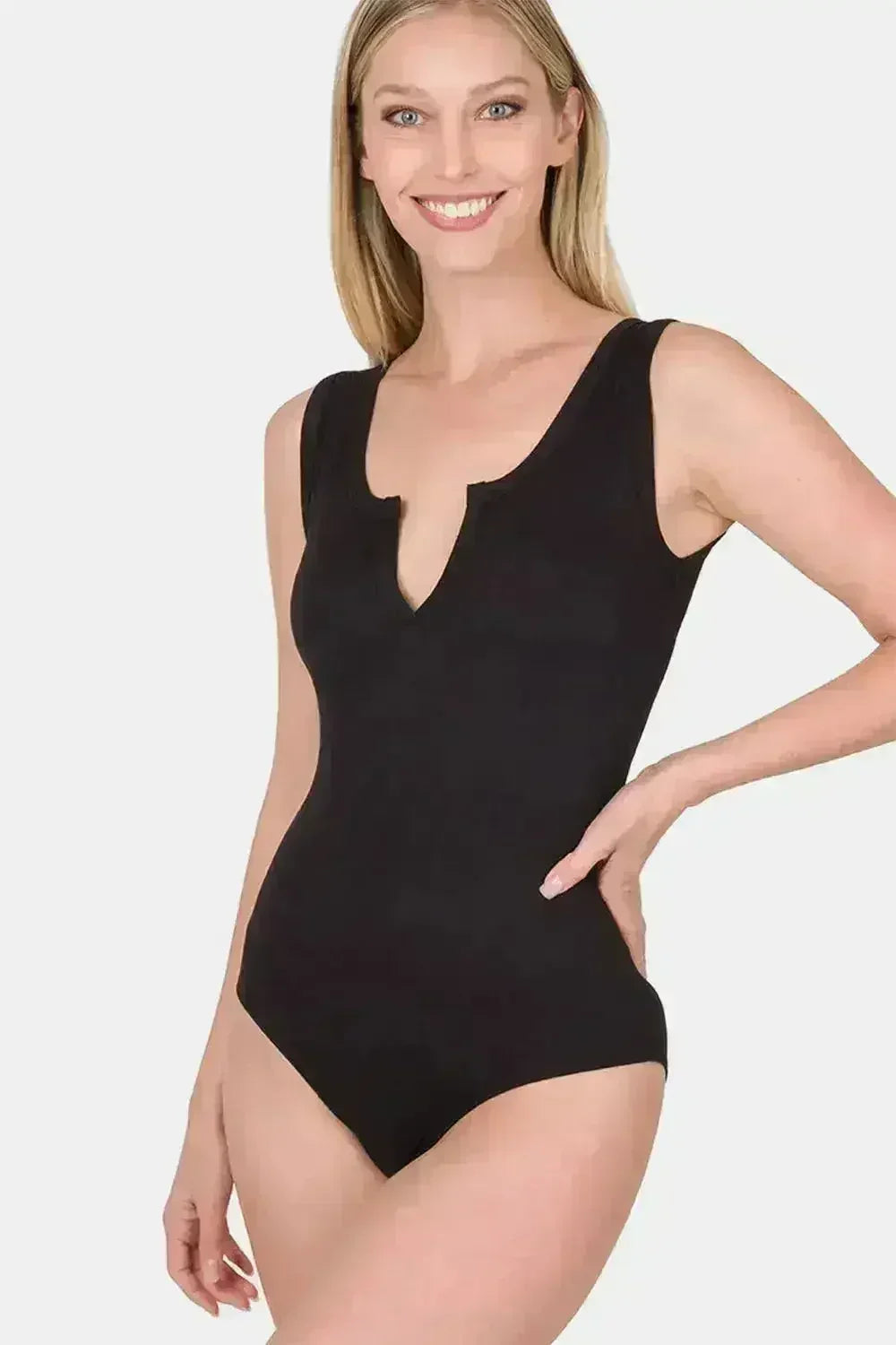 Microfiber Notched Neck Sleeveless Bodysuit - Femstylo