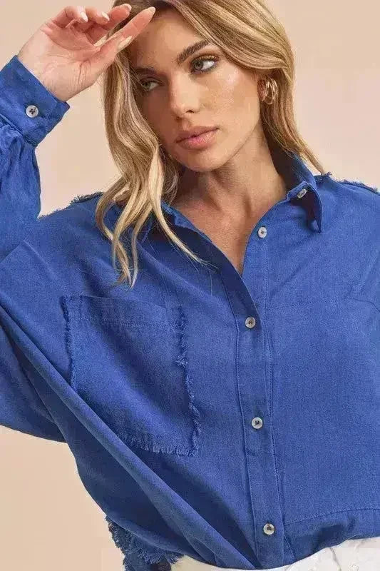 Aemi + Co Raw Edge Exposed Seam Collared Neck Long Sleeve Shirt