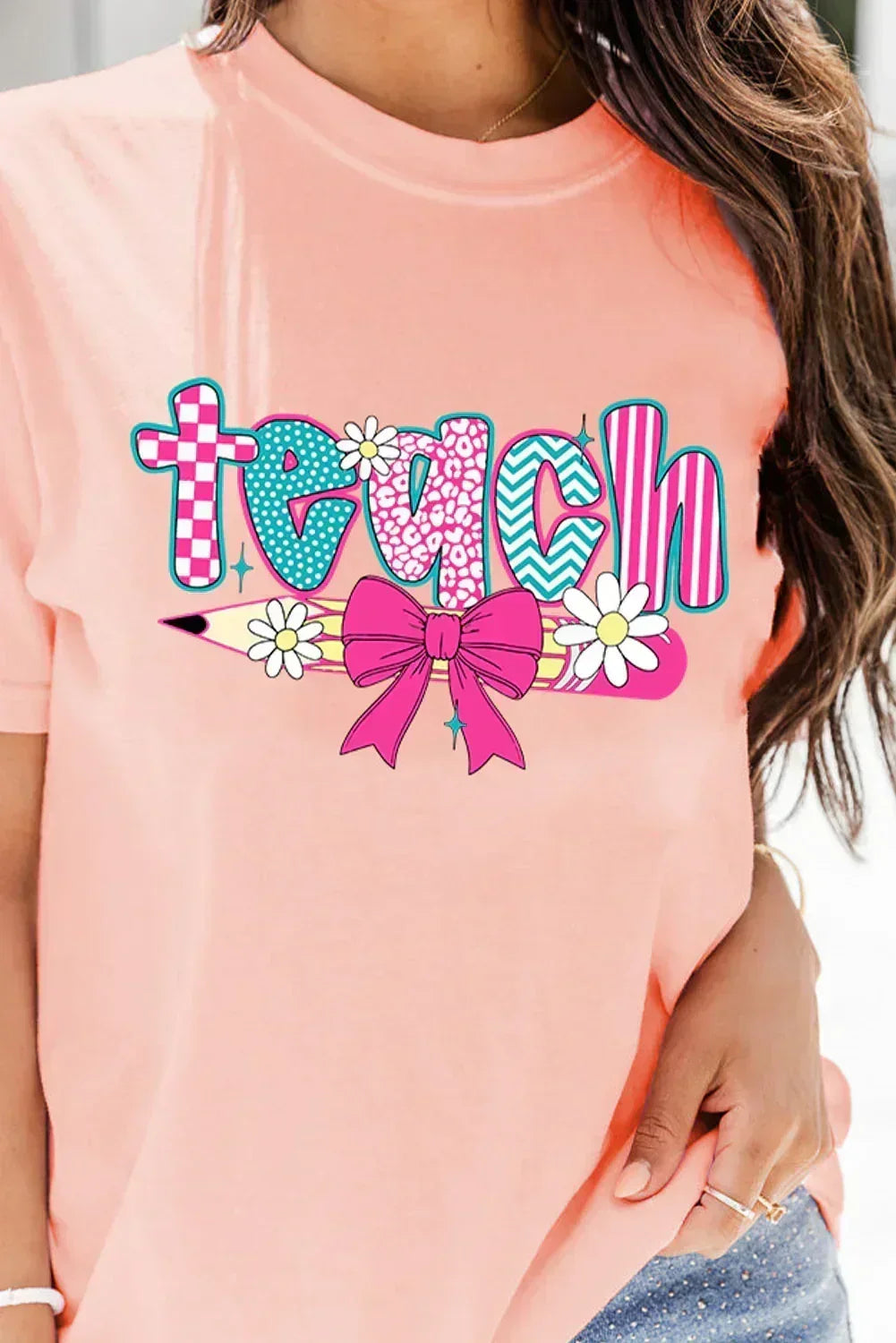 Pink Retro Checkered teach and Bow Pencil Graphic T Shirt