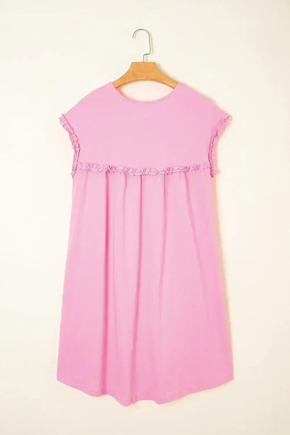 Oatmeal Frilled Trim Crewneck Loose Fit Mini Dress