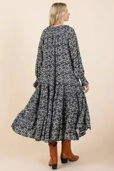 Mittoshop Printed Tie Neck Flounce Sleeve Midi Dress