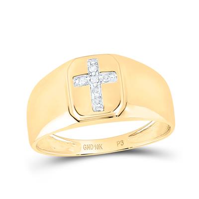 10k Yellow Gold Round Diamond Cross Mens's Band Ring 1/20 Cttw
