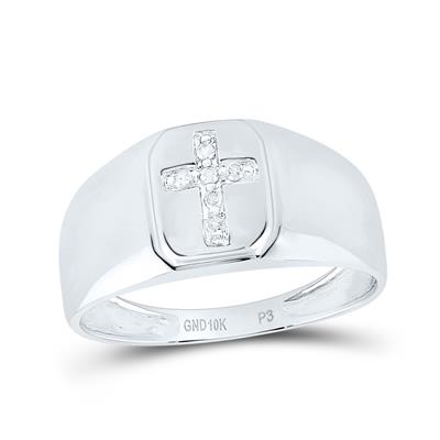 10k White Gold Round Diamond Cross Men's Band Ring 1/20 Cttw