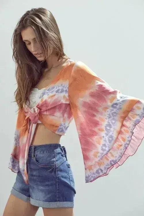 Bell-Sleeve Tie-Dye Crop Top – Flowy Sleeves & Stylish Design