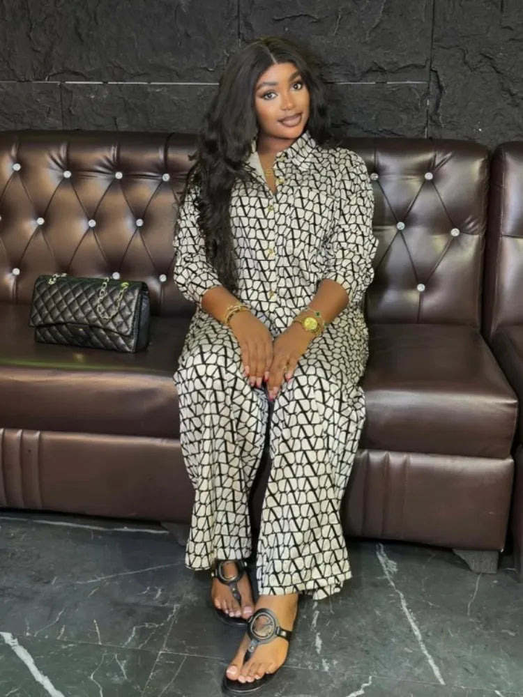 Ensemble 2 pièces imprimé Joskaa pour femme, chemisier oversize à manches longues et pantalon large, style streetwear Y2K 2025