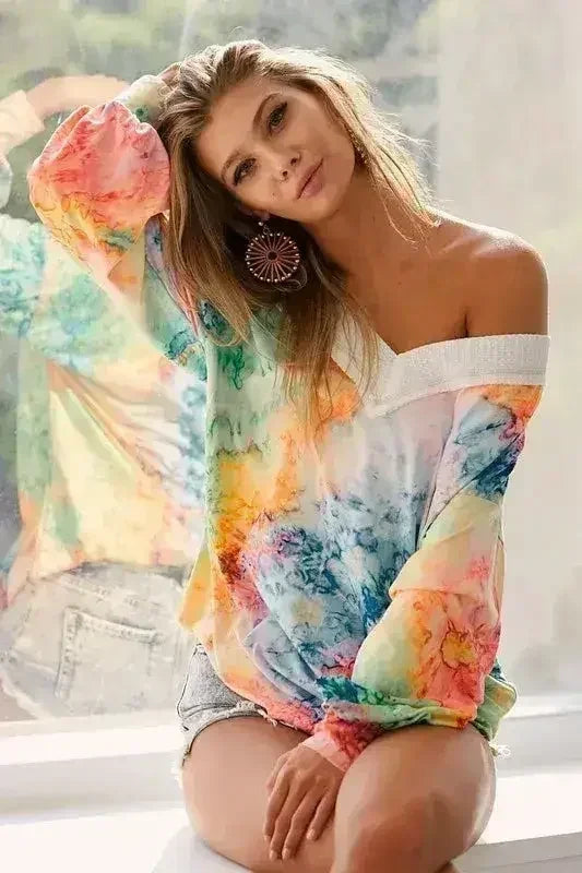BiBi Tie Dye Soft Knit Jersey V-Neck Top | Femstylo