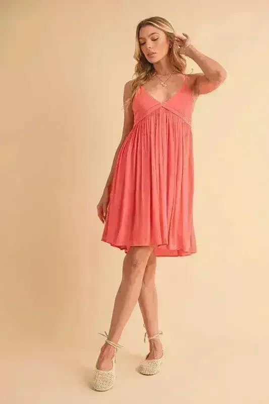 Aemi + Co Ruched Plunge Mini Cami Dress