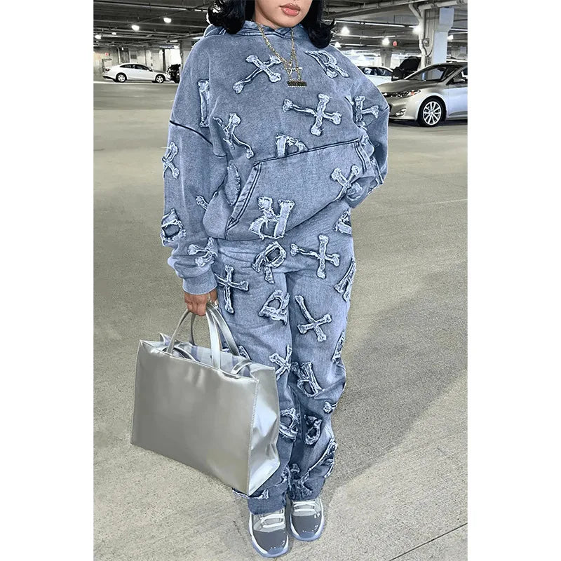 Fitness Women 2 Piece Set Fake Denim Printed Baggy Hoodies Jogging Pants Matching Set 2023 Fall Winter Outfits Sporty Tracksuits