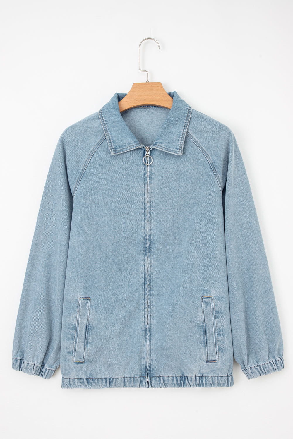 Myosotis Denim Jacket Zip Up With Elastic Hem Raglan Sleeves