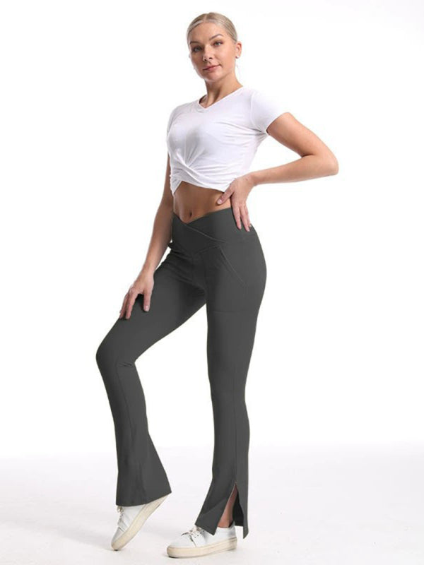 Women's High-Waist Wide Leg Pants - Slit Design & Tummy Control