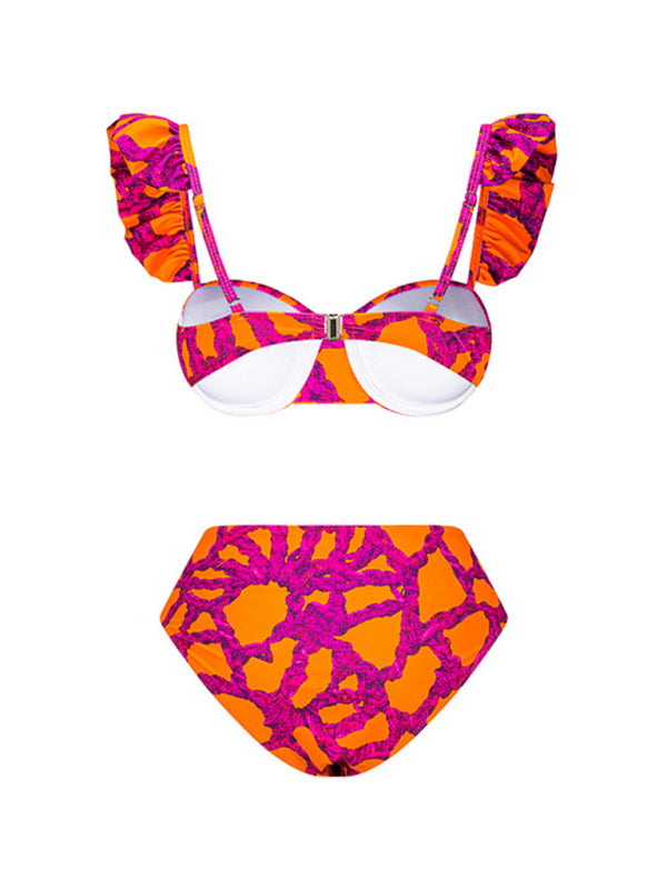 Modern stylish and sexy printed holiday sleeveless three-piece bikini set (top + pants + skirt)