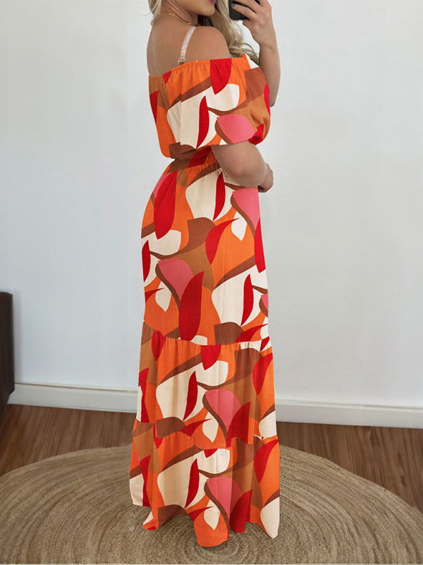 One Shoulder High Waist Contrast Color Dress - Orange Summer Dress