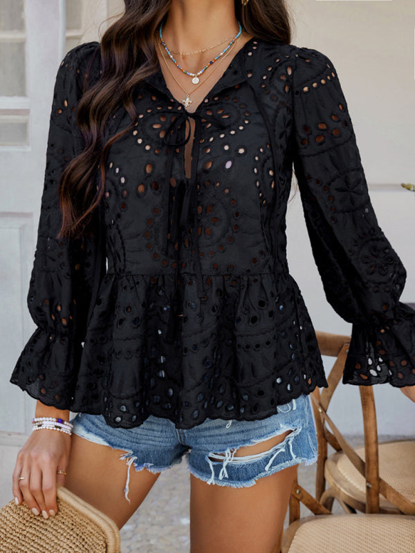 Lace-Up Cardigan with Hollow Details - Loose Vacation Top for Women