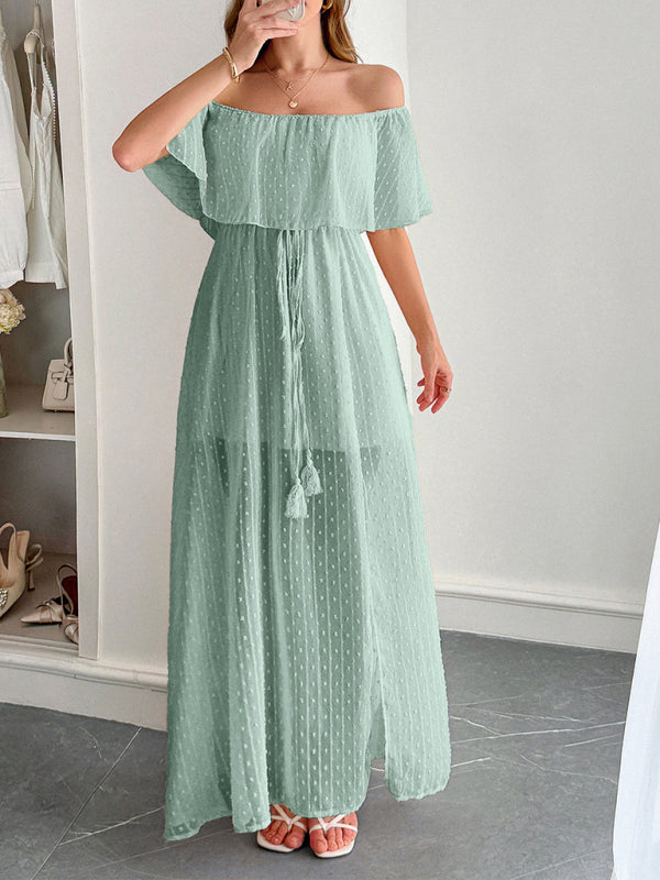 Robe longue élégante sans bretelles à manches courtes et taille haute