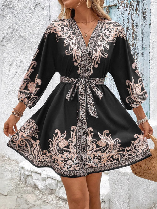 Modern Printed V-Neck Three-Quarter Sleeve Tie-Waist Dress