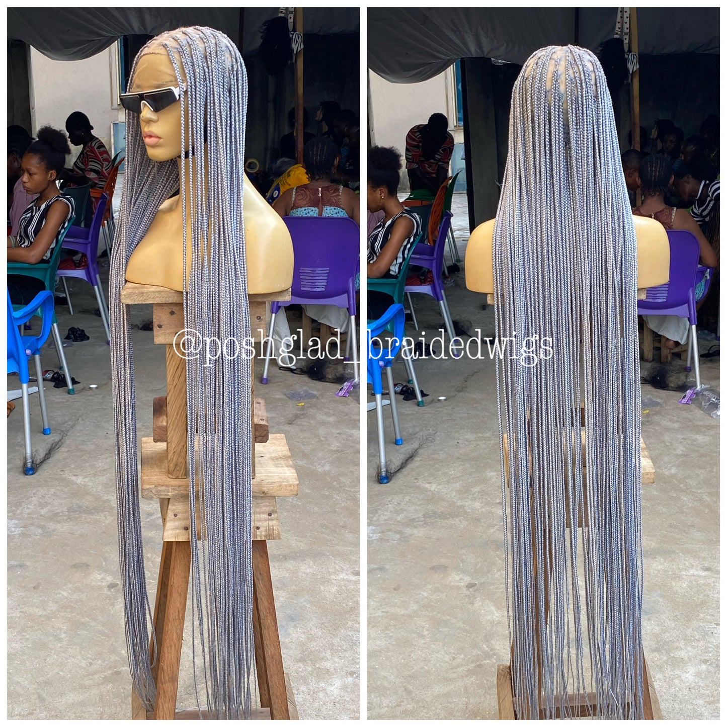 Knotless Braided Wig, Swiss Full Lace, Gray Color, Waist Length, Standard Density - Shawna