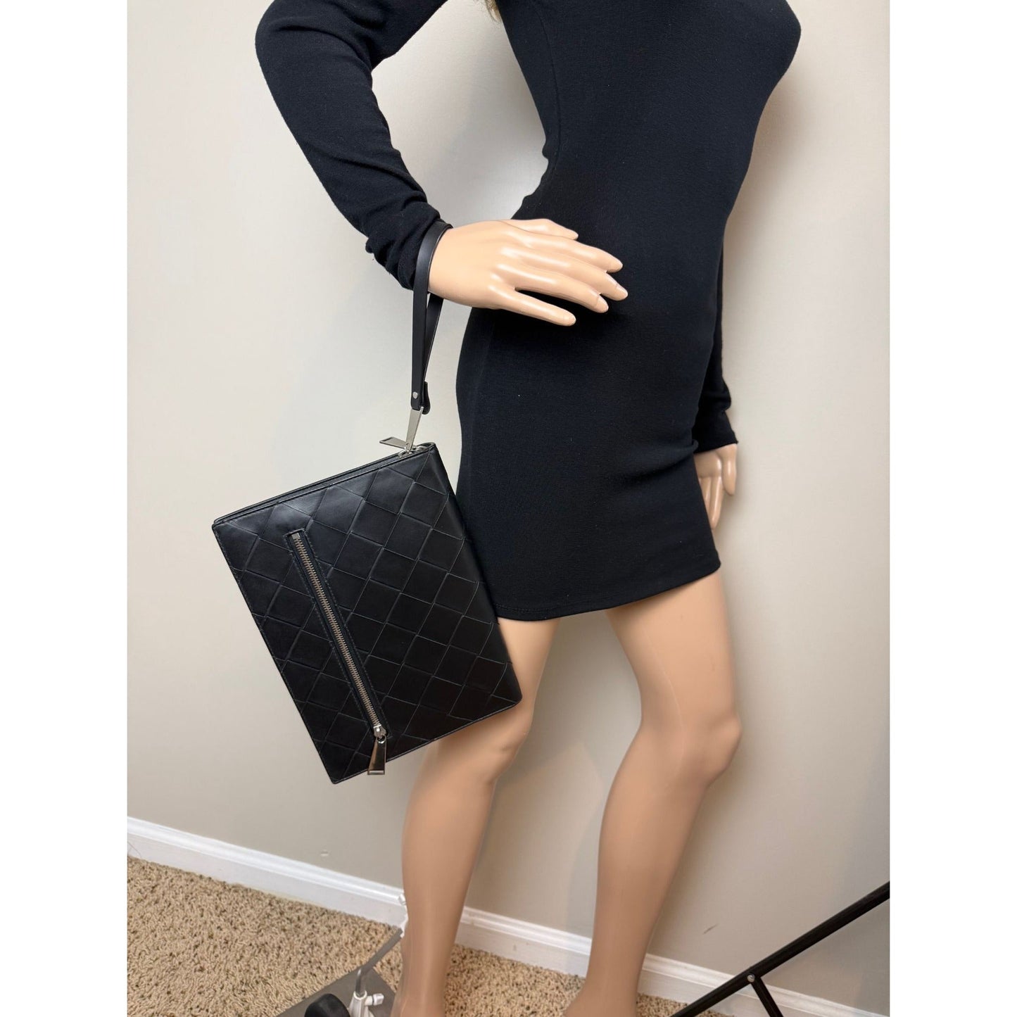 Bottega Veneta Black Leather Maxi Intreciato Document Case Wristlet Clutch Bag