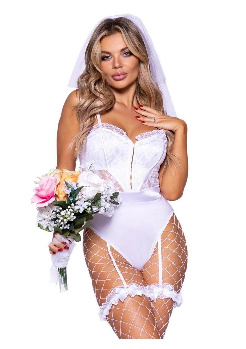 Bridal Babe Lace Garter Bodysuit with Bow and Train Bustle