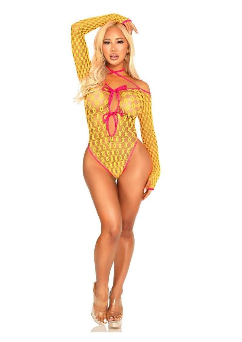 Eyelet Net Teddy With Tie-Front Keyhole Detail