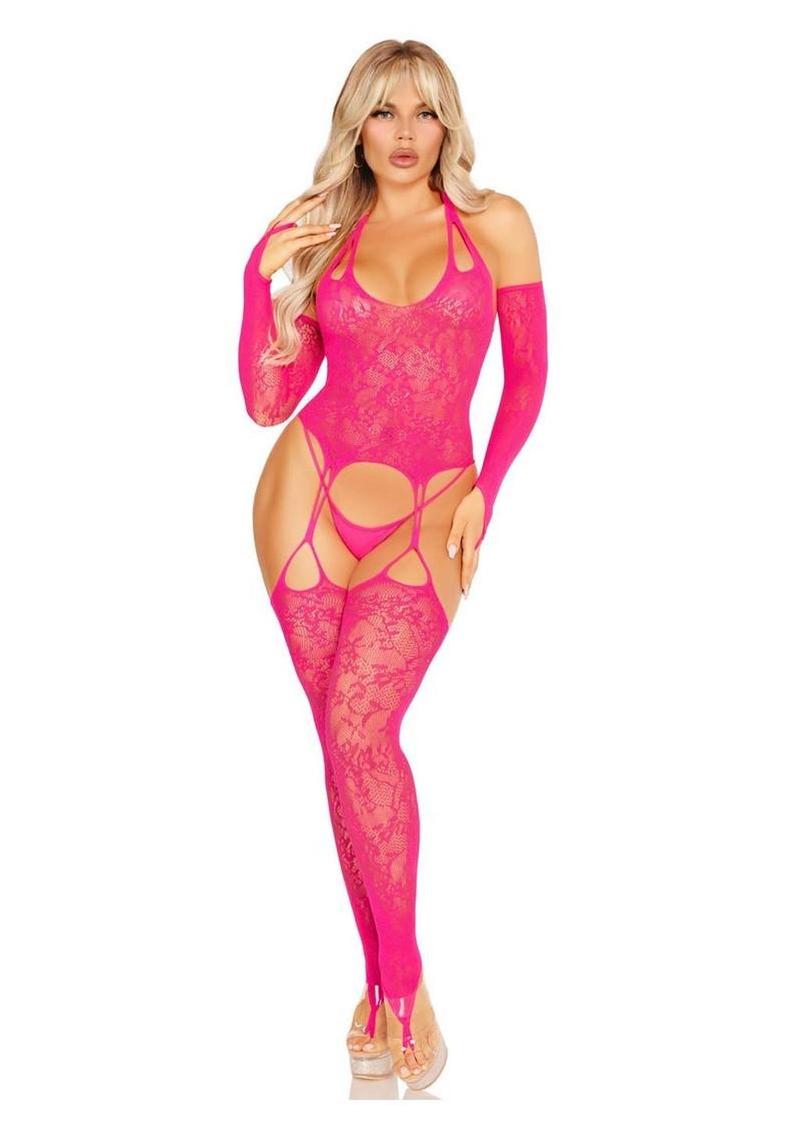 Halter Lace Footless Cami Garter Bodystocking With Toe Loops