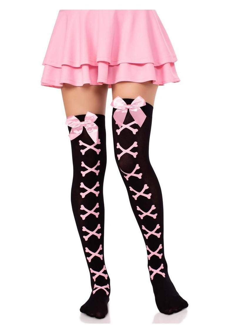 Opaque Crossbone Thigh High Stockings With Satin Bows