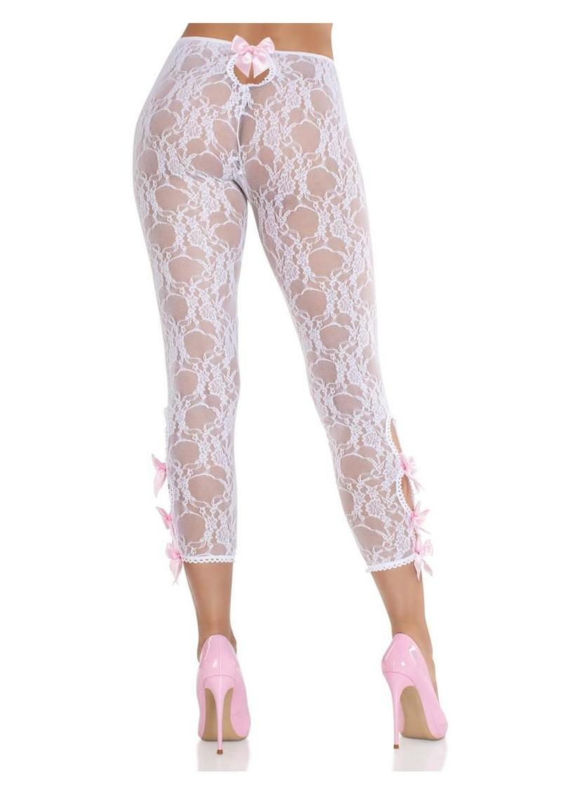 Scalloped Floral Lace Footless Capri Tights With Bows