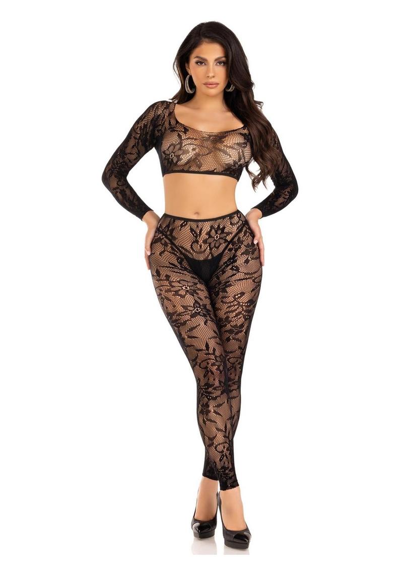 Leg Avenue Seamless Chantilly Lace Crop Top And Footless Tights