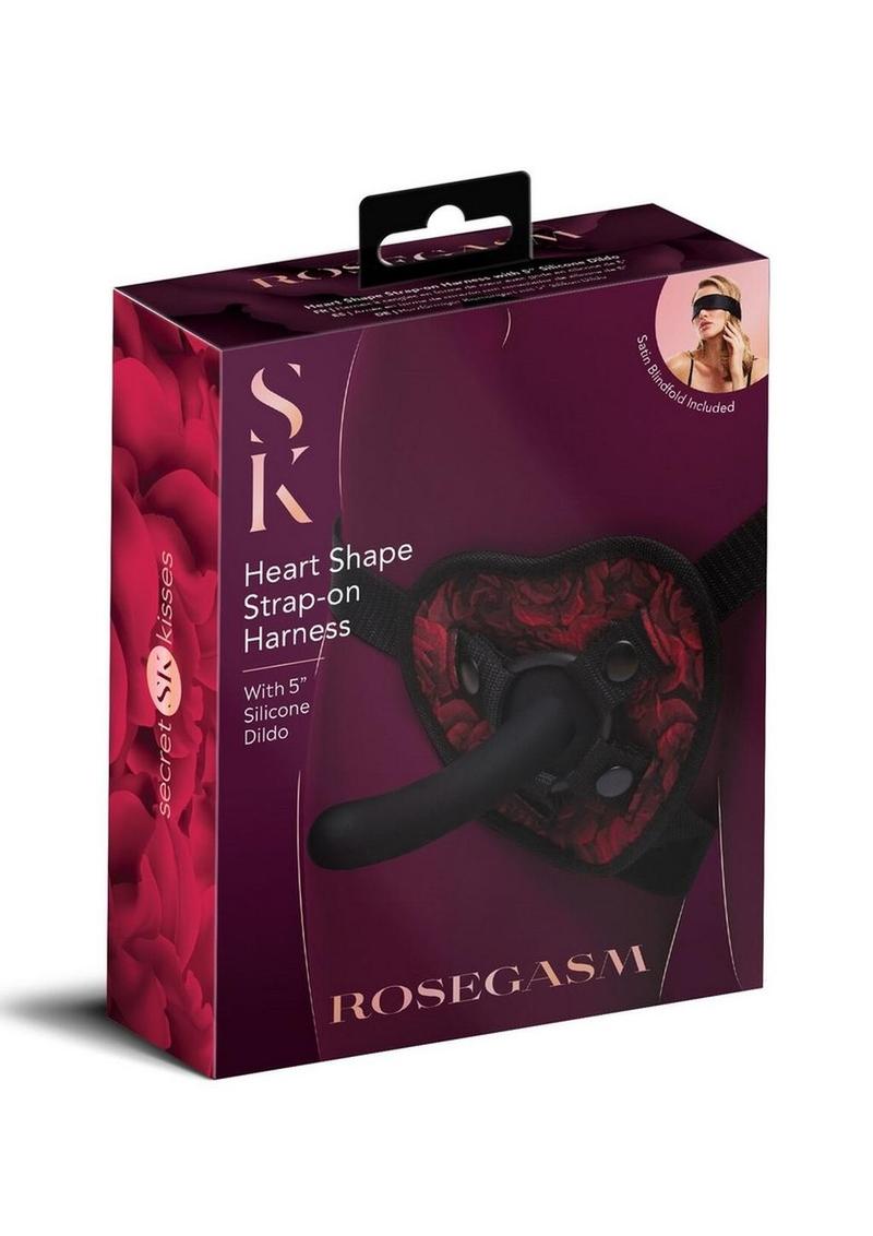 Secret Kisses Rosegasm Heart Shape Strap-On Harness Dildo Satin Blindfold