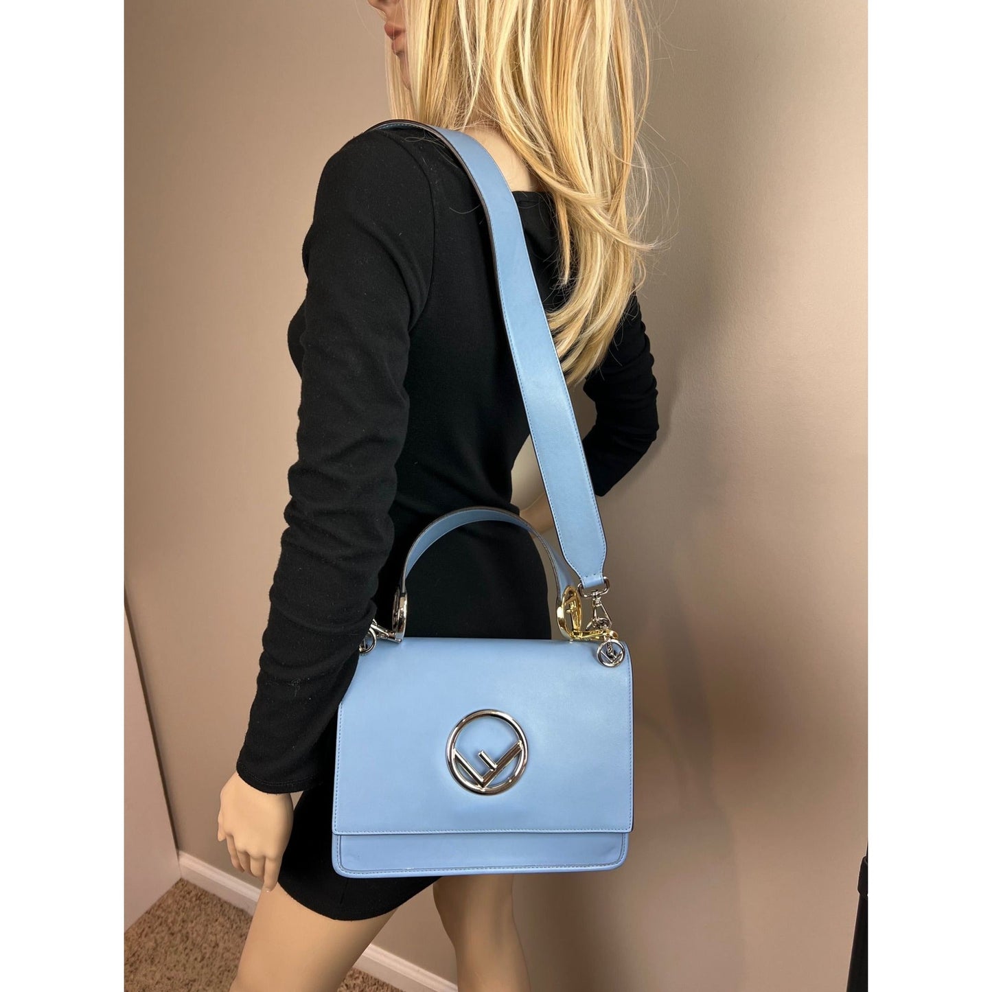 Fendi F Kan 1 Medium Blue Leather Shoulder Hand Bag