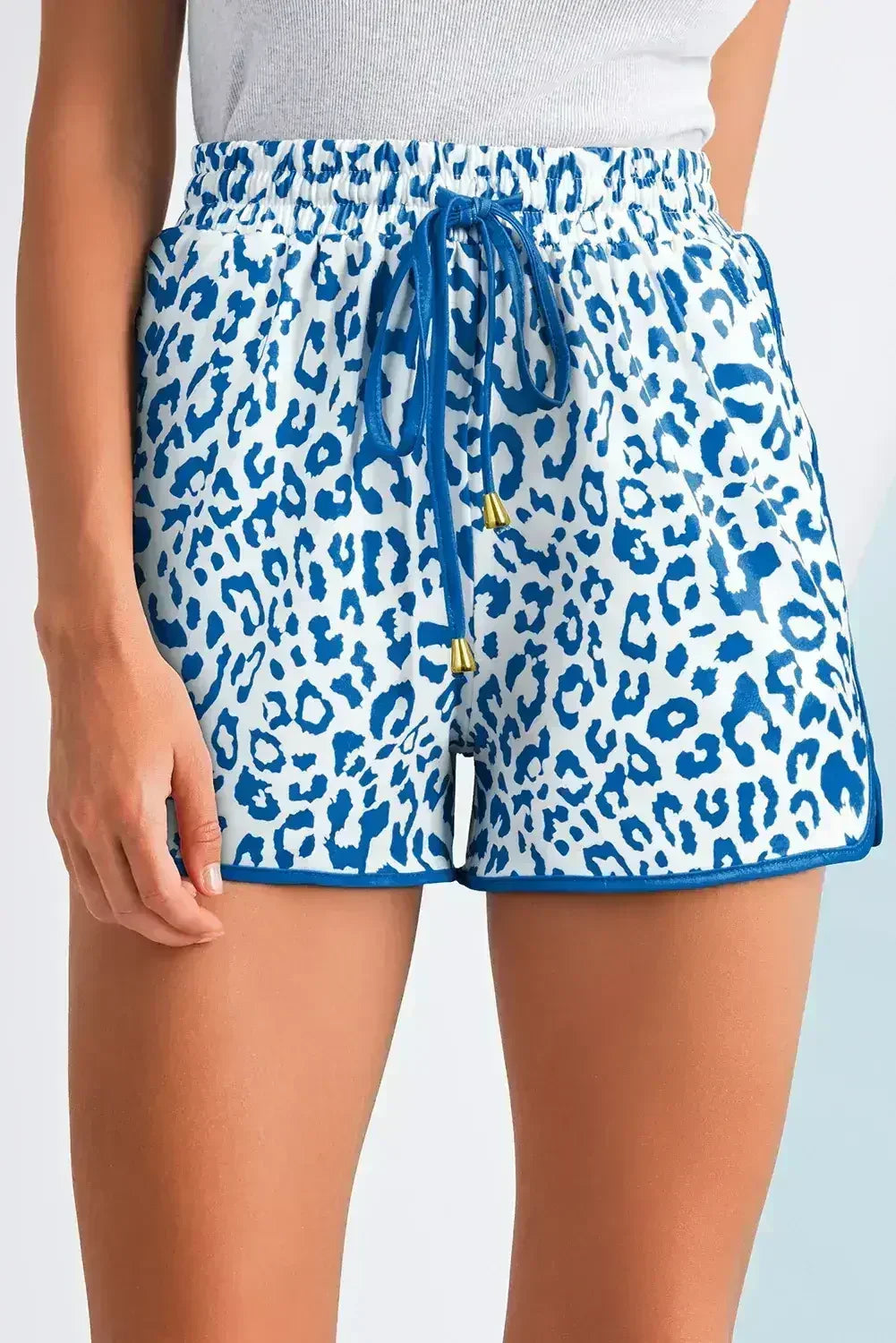 Blue Leopard Elastic Waist Lace up Contrast Trim Casual Shorts