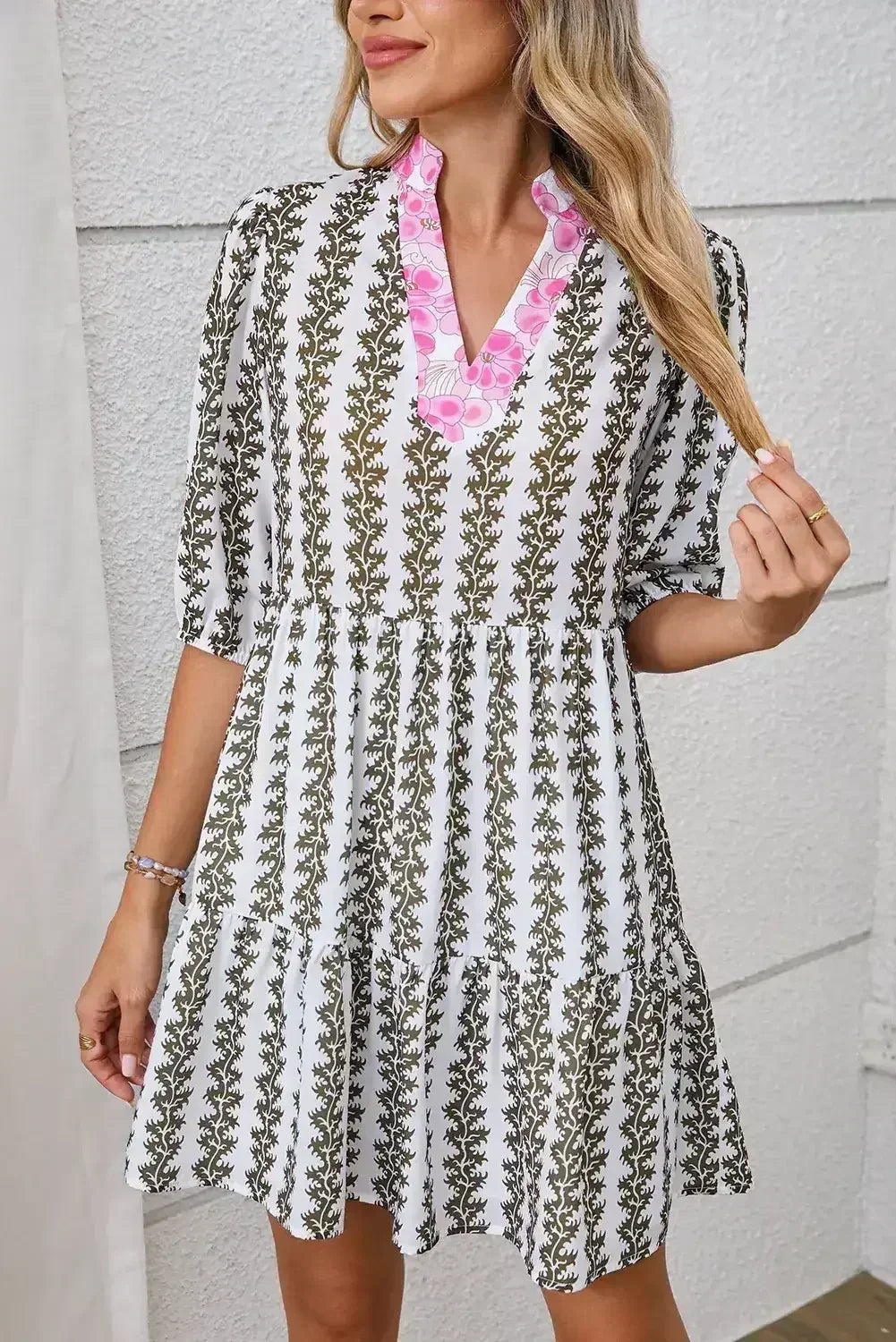 Black Floral Abstract Print Tiered Pop of Color Neckline Dress