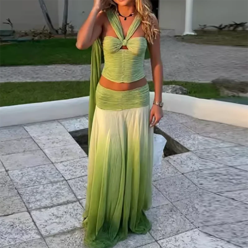 Sexy Strapless Top with Long Skirt Women's Suits Fashion Backless Pleated Club Outfit Gradient Green Hollow Slim Two Piece Sets