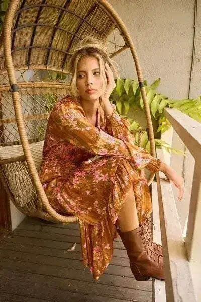 Mittoshop Flower Print Satin Lurex Stripe Smocked Midi Dress