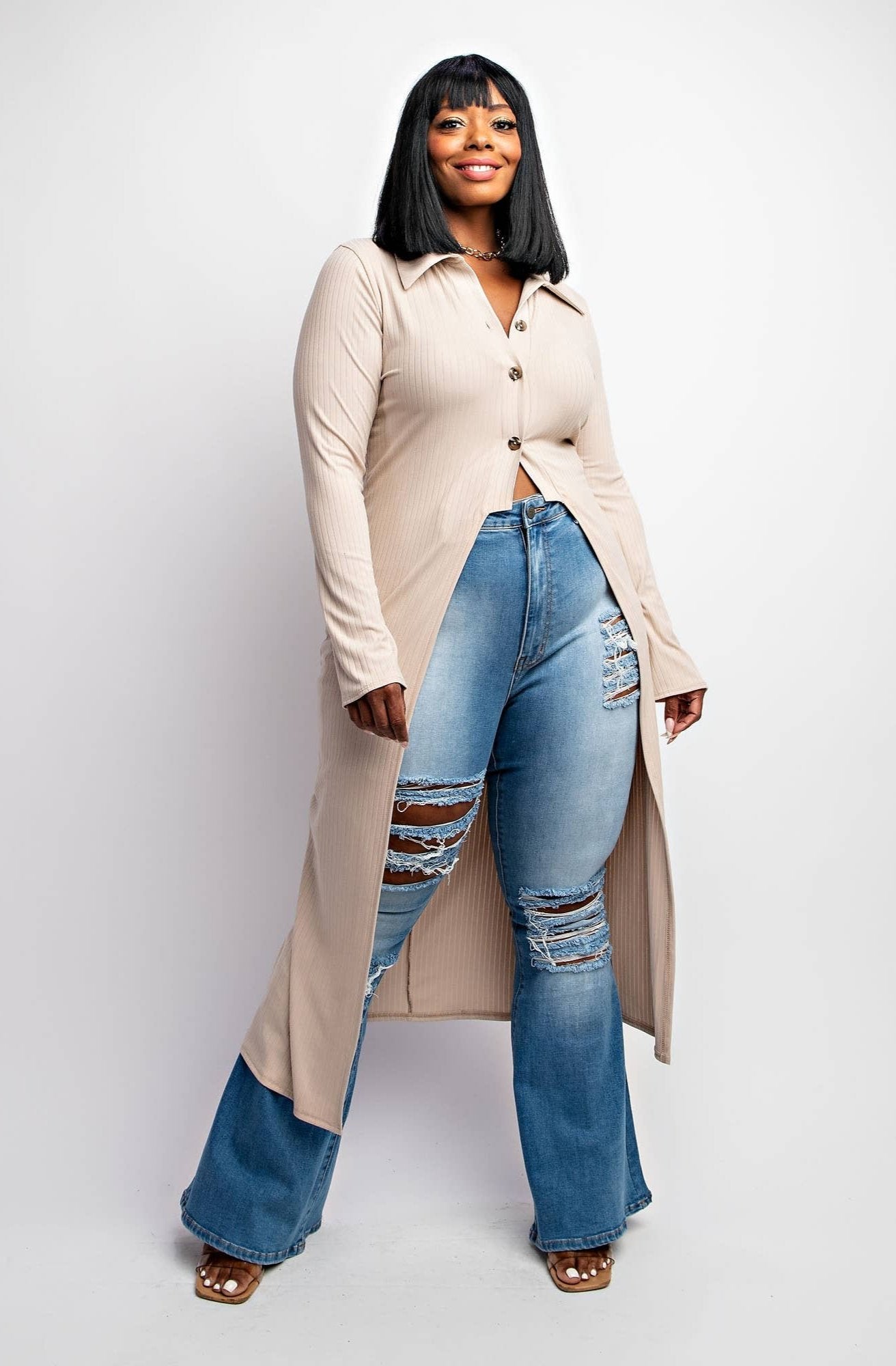 Deliah Plus Size Rib Knit Cardigan With Button Up Front