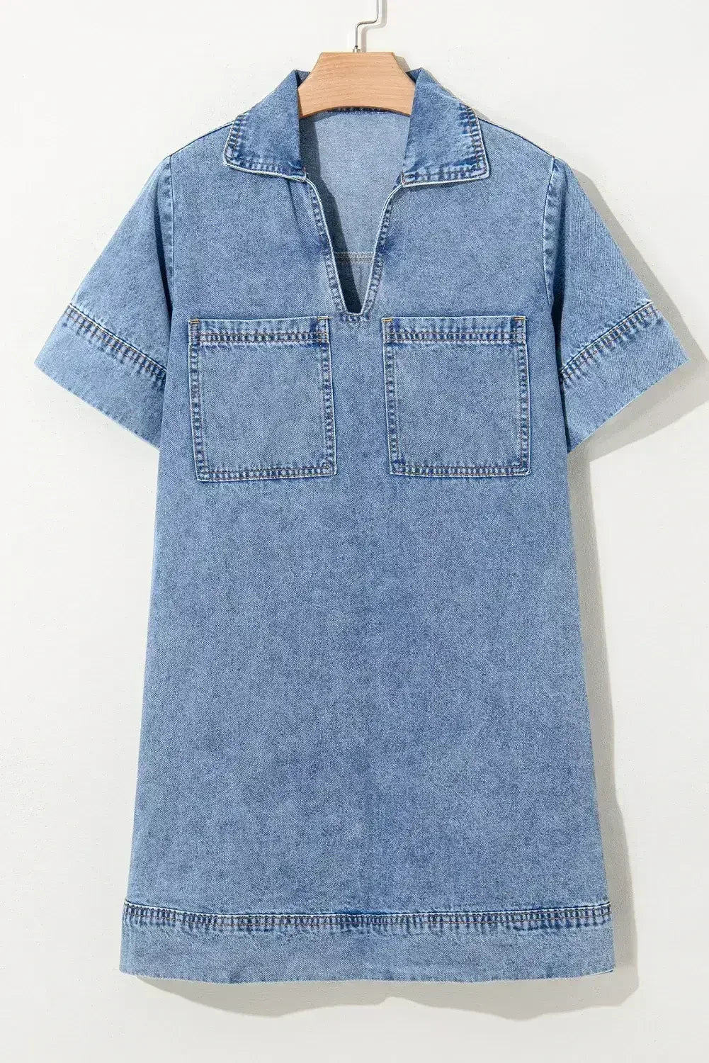 Beau Blue Short Sleeve Collared Chest Pocket Denim Mini Dress