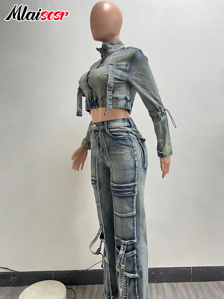 Mlaiscsr Vintage Stretch Denim 2 Piece Pants Sets Women Zip Slim Jackets and Pocket Cargo Jeans Outfit Streetwear Winter Suits