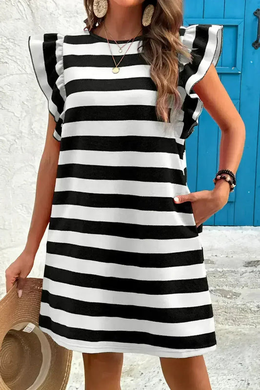 Black Stripe Flutter Sleeve Round Neck Shift Mini Dress