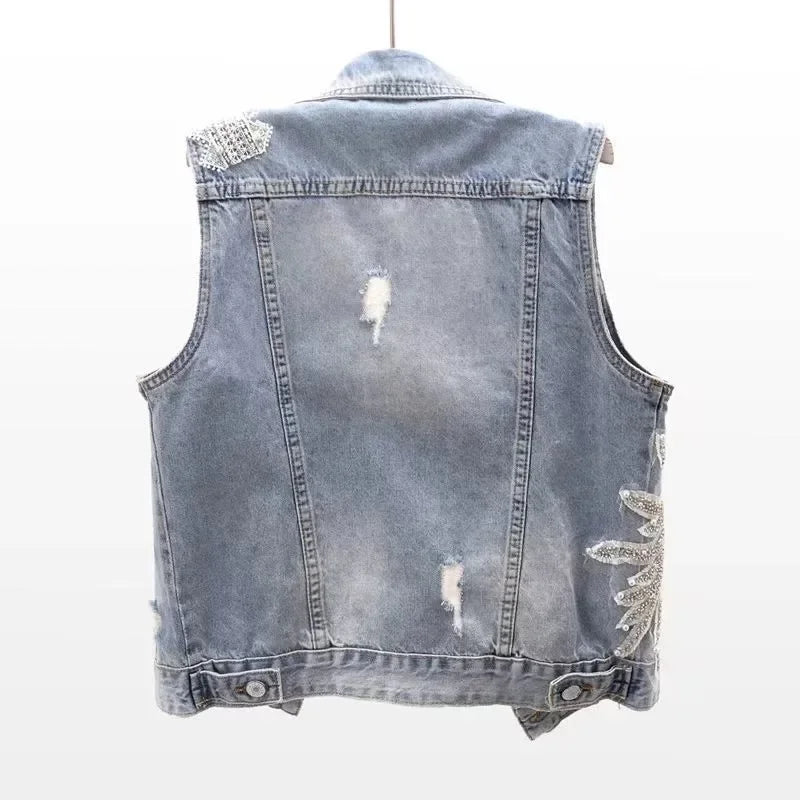 fashion Lace Beaded Denim Vest Women Cardigan 2025 New spring  Sleeveless Jacket Fashion Loose Vintage jeans Waistcoat tide R359