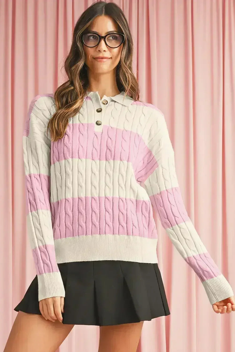 Pink Colorblock Button Collar Twisted Cable Knit Sweater