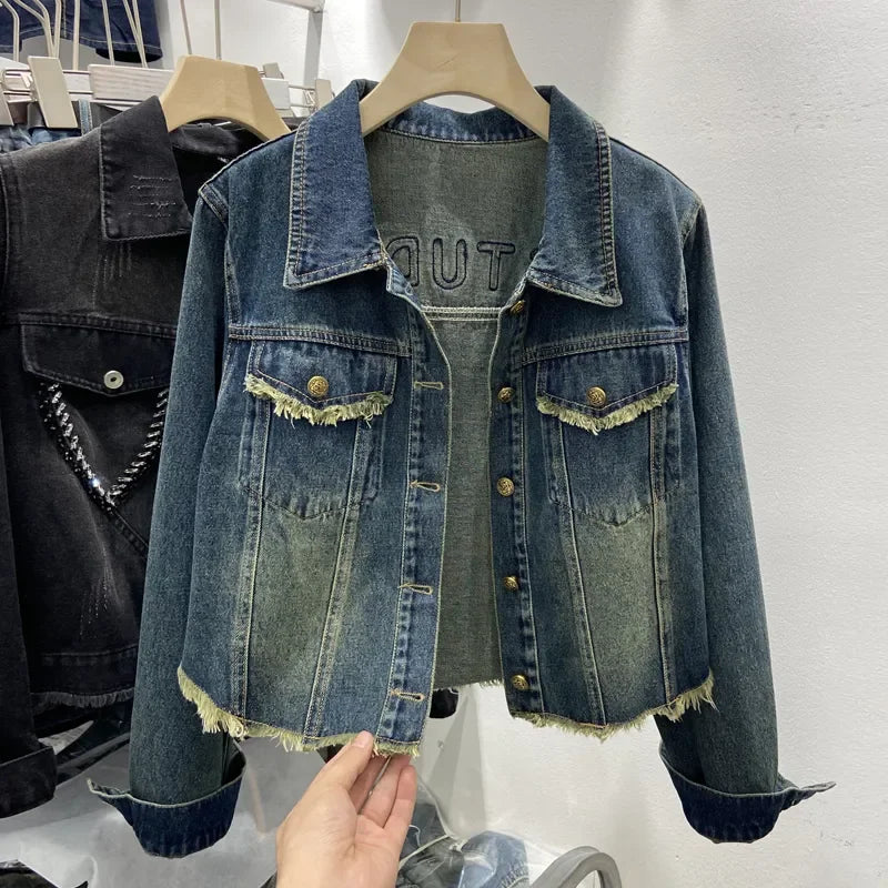 Blue Denim Top Women Autumn Classic Style Short Coat New Korean Fashion  Chic Pockets O-Neck Female Ropa De Mujer Loose Jackets