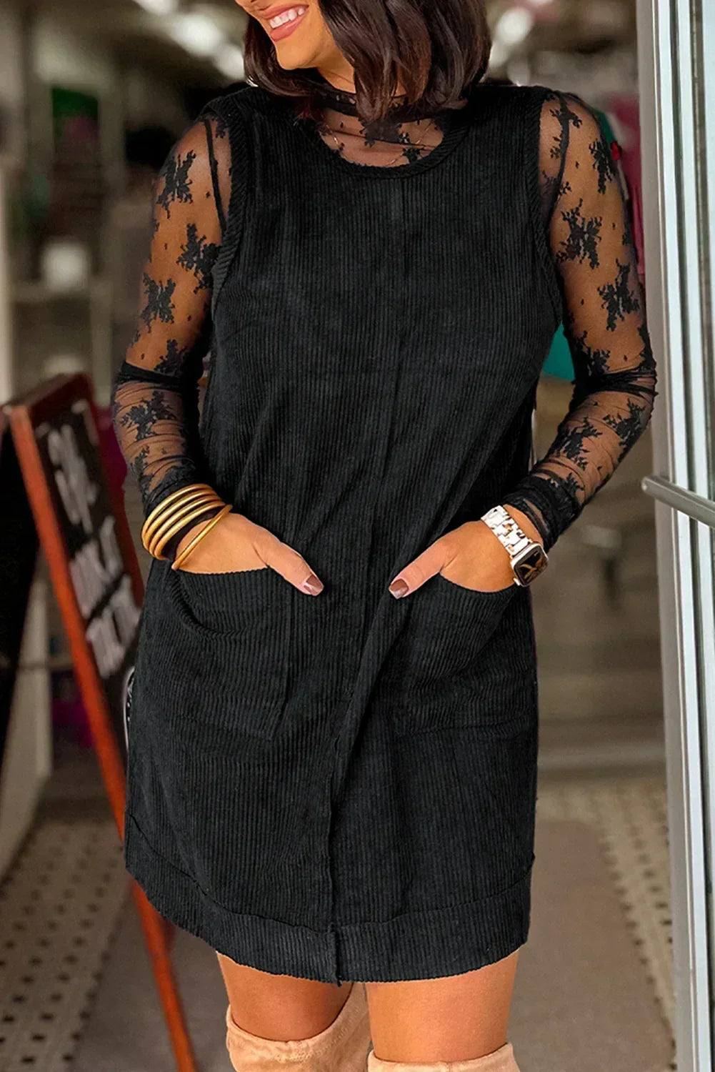 Black Corduroy Exposed Seam Sleeveless Mini Dress