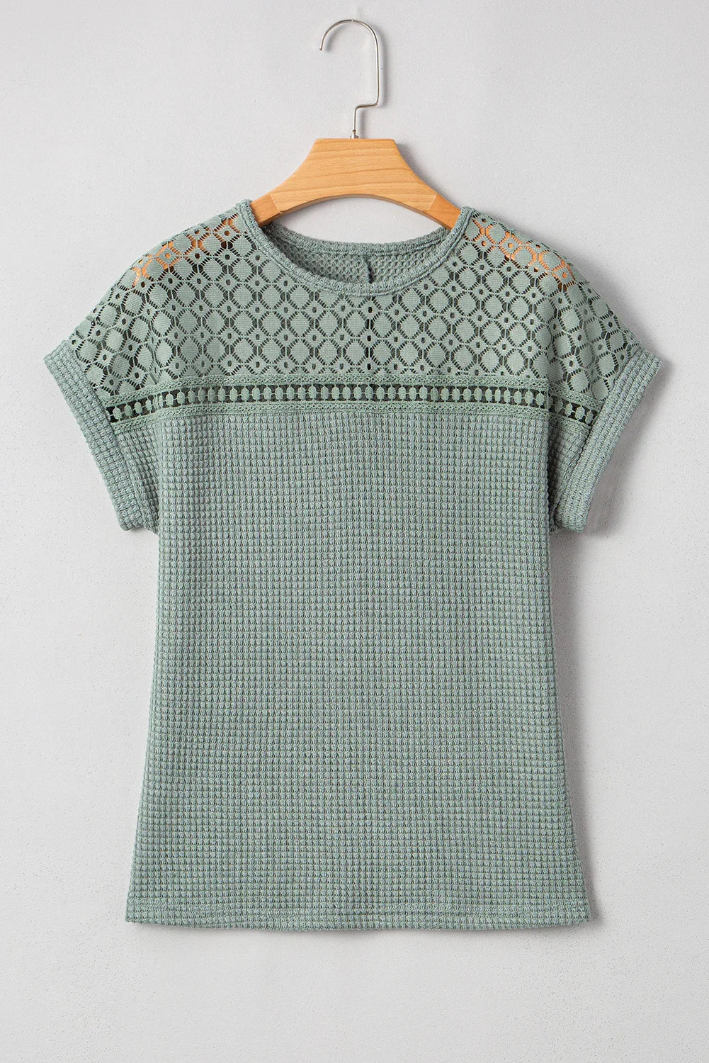 Mist Green Hollow Patchwork Waffle Knit Top